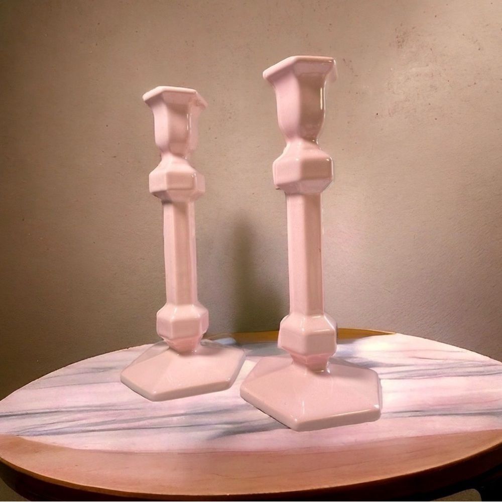 Vintage Pink Ceramic Candlesticks Set of 2 | Art Deco Style Hex Base